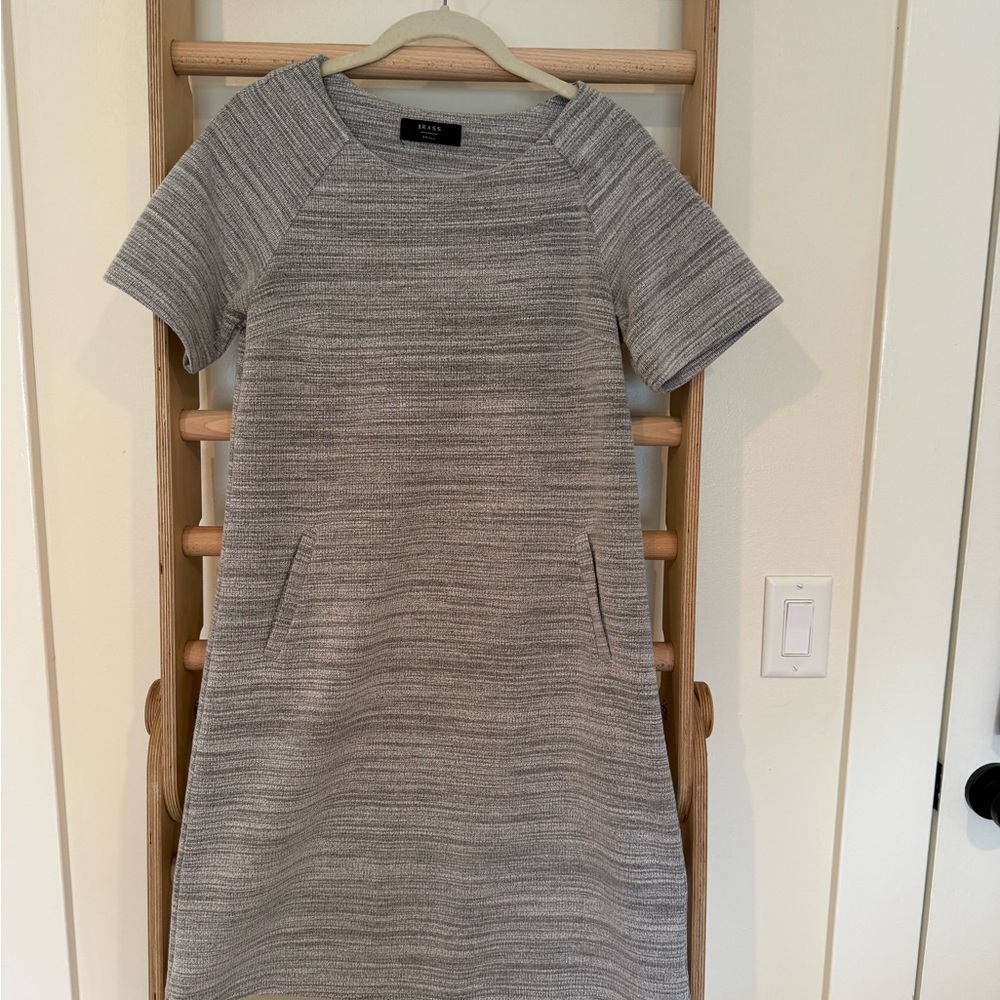 Textured Grey Knit Mini Dress with Short Sleeves